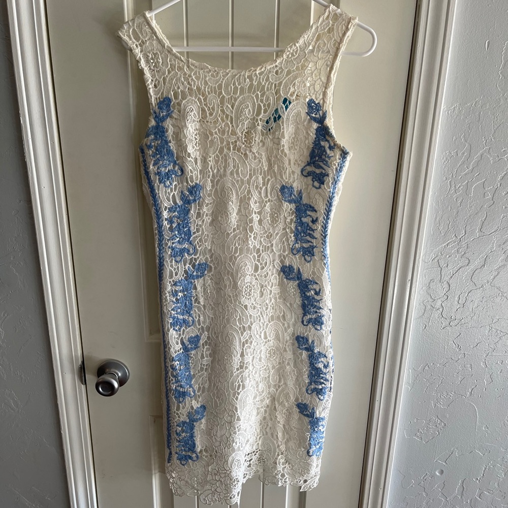 White lace with blue lace accents dress